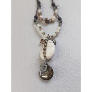 Peyote Bird Stone Pendant Leather Necklace Beaded Boho Western Neutral Hippie